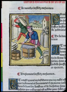 Medindo o sal, de &39;Real Ordinances of the Jurisdiction of the Prevote of the Merchants of the City of Paris&39;, 1528 (wc e guache sobre papel) de Antoine Verard